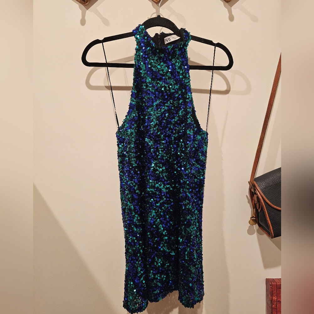 Zara Sequins Dress Size Small High Neck Blue Green Black